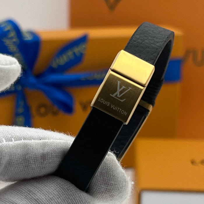 LV Braided Leather & Metal Plaque Bracelet  
 Color: Black / Silver/gold