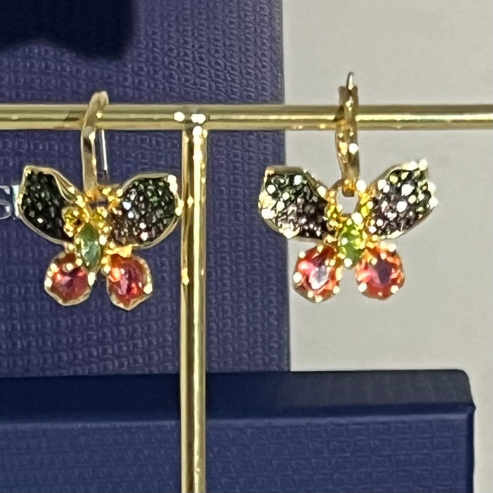 Swarovski Butterfly Crystal Hoop/Drop Earrings  
 Color: Gold-tone, green, pink, dark, and multi-colored crystal pavé