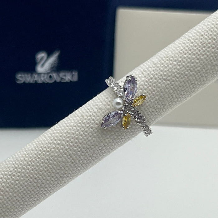 Swarovski Dragonfly Ring(small /medium )
 Color: Silver and Multicolored (featuring pastel purple, yellow, clear crystals, and a white crystal pearl)