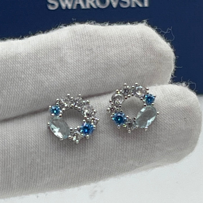 Swarovski Floral Open Circle / Wreath Stud Earrings  
 Color: Silver, light blue, and clear