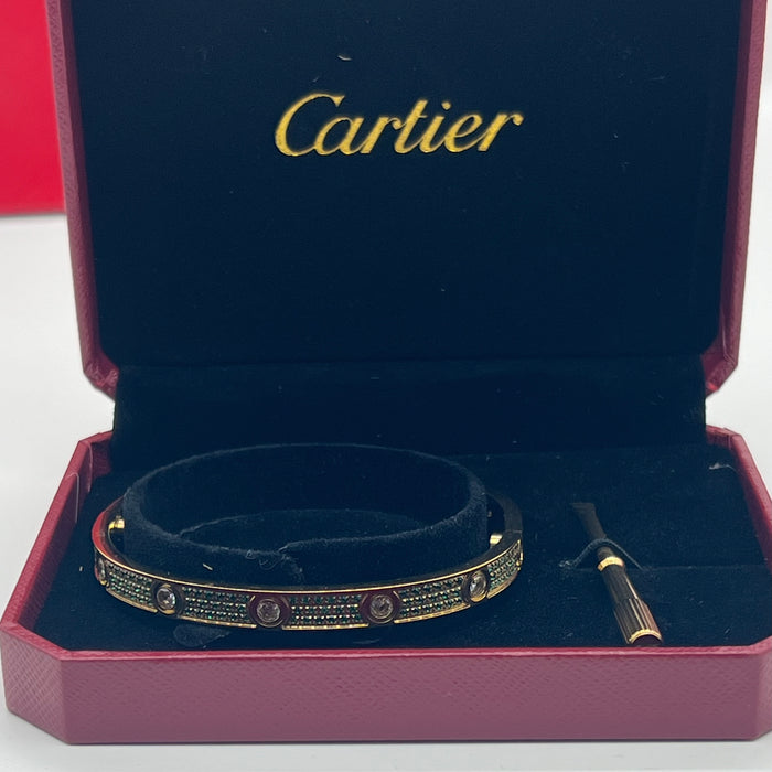 Name: LOVE Bracelet, Emerald 
 Color: Yellow Gold with green crystal