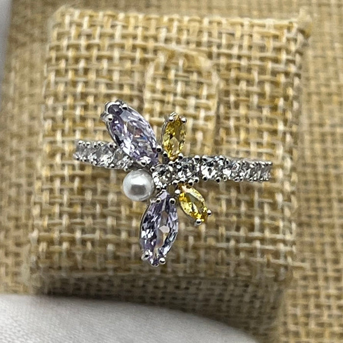Swarovski Dragonfly Ring(small /medium )
 Color: Silver and Multicolored (featuring pastel purple, yellow, clear crystals, and a white crystal pearl)