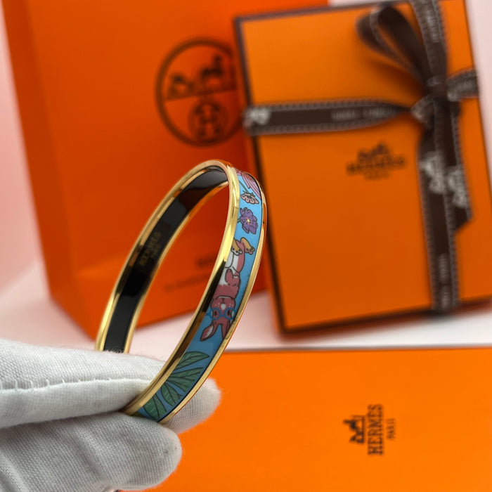 Hermès Enamel Bangle Bracelet
 Color: Light mint green/blue(off-white  background with black, grey, blue, and brown illustrations; black interior lining; gold trim)