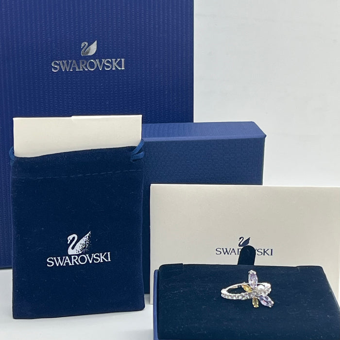 Swarovski Dragonfly Ring(small /medium )
 Color: Silver and Multicolored (featuring pastel purple, yellow, clear crystals, and a white crystal pearl)
