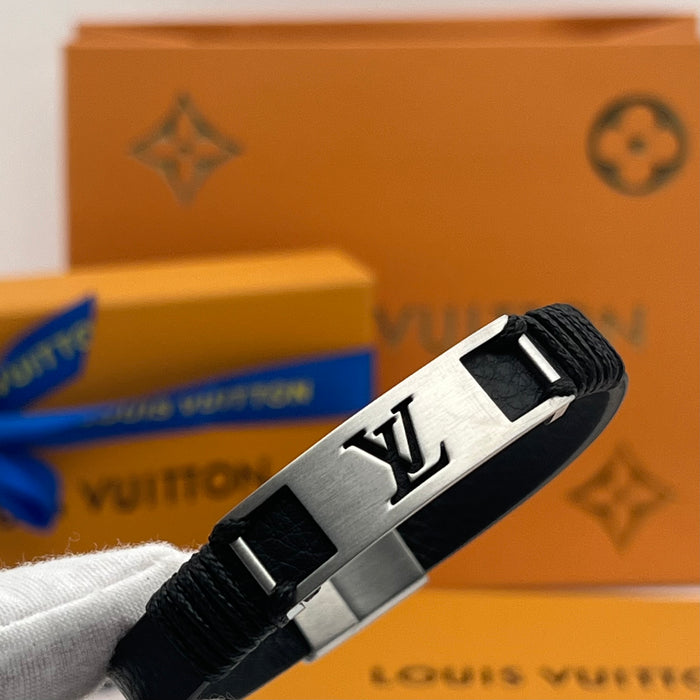 LV Braided Leather & Metal Plaque Bracelet  
 Color: Black / Silver/gold