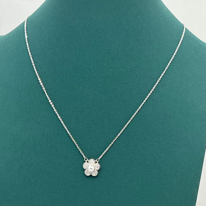Swarovski Floral Pearl Pendant Necklace  
 Color: Silver with a white crystal pearl and clear crystal pavé