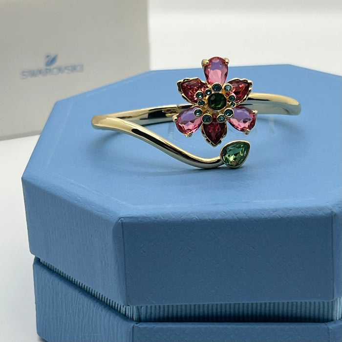 Swarovski Idyllia Floral Wrap Bangle / Flower and Leaf Cuff  
 Color: Gold-tone with pink, dark red, and green crystals