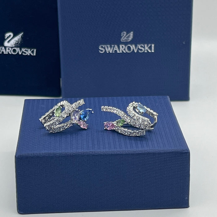 Dangling ear cuff /Swarovski Asymmetric Crystal Earrings  
 Color: Silver, clear, pink, green, blue, and lavender (multi-colored crystal pavé