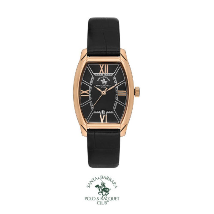 Santa Barbara Polo & Racquet Club Tonneau Rose Gold Watch with Black Dial & Leather Strap