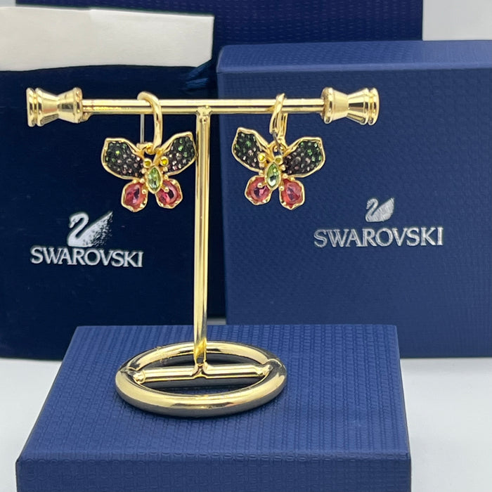 Swarovski Butterfly Crystal Hoop/Drop Earrings  
 Color: Gold-tone, green, pink, dark, and multi-colored crystal pavé