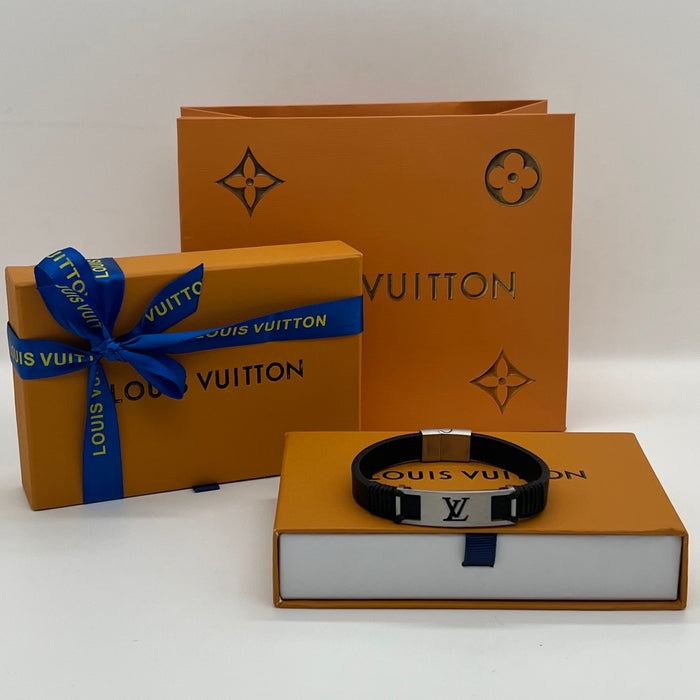 LV Braided Leather & Metal Plaque Bracelet  
 Color: Black / Silver/gold