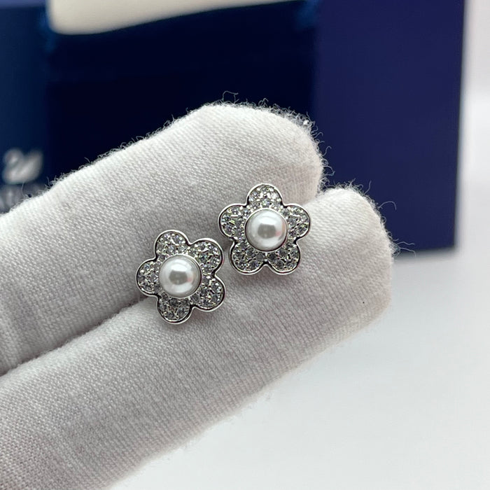 Swarovski Stud Earrings (Flower Design)
 Color: White and Silver (with a white crystal pearl and clear pavé)