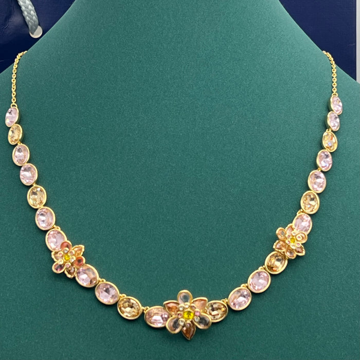 Name: Idyllia Floral Strand Necklace / Crystal Flower Line Necklace  
 Color: Gold-tone with soft pink, champagne, and green crystals