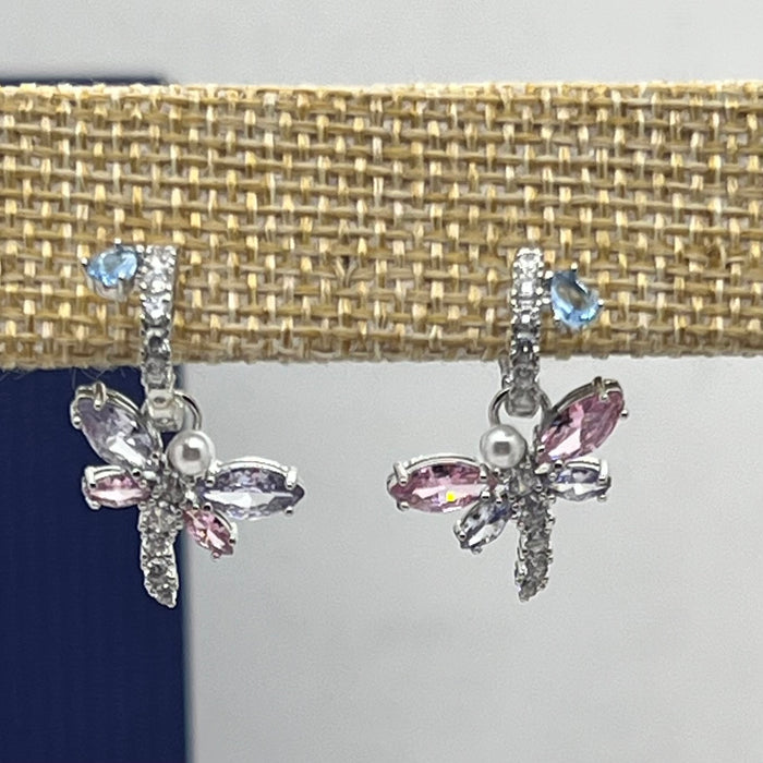 Swarovski Dragonfly Pearl & Crystal Hoop/Drop Earrings  
 Color: Silver, pink, lavender, white, and clear