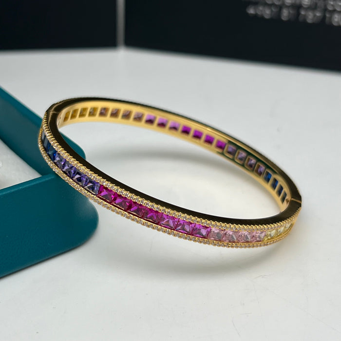 Aurora Rainbow Princess Cut Eternity Gold Bangle – Multicolor Zircon - 18CM