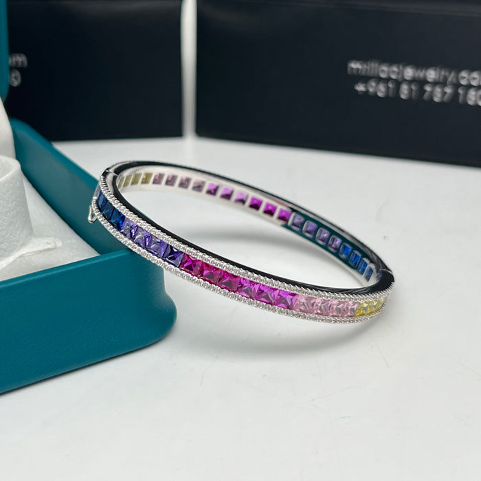 Rainbow Princess Cut Eternity Bangle – Luxury Multicolor Zircon - Gold-Silver Finish - 16CM
