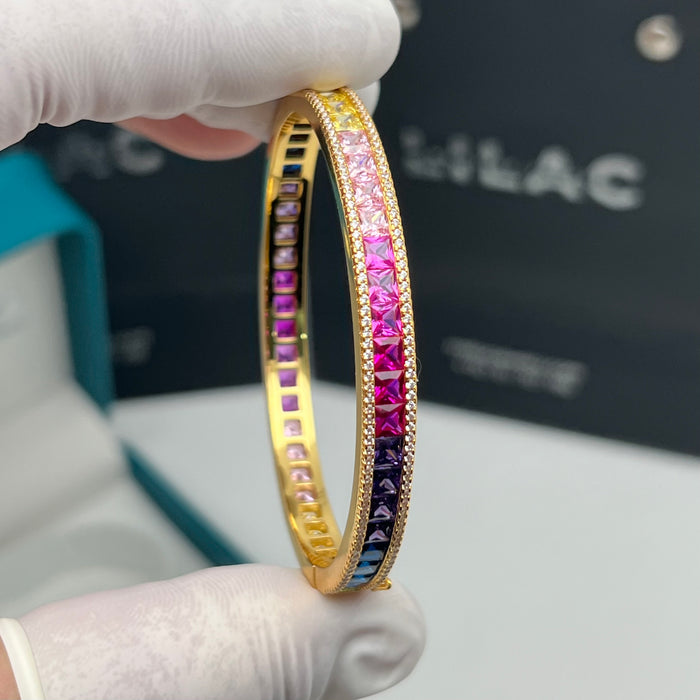 Rainbow Princess Cut Eternity Bangle – Luxury Multicolor Zircon - Gold-Silver Finish - 16CM