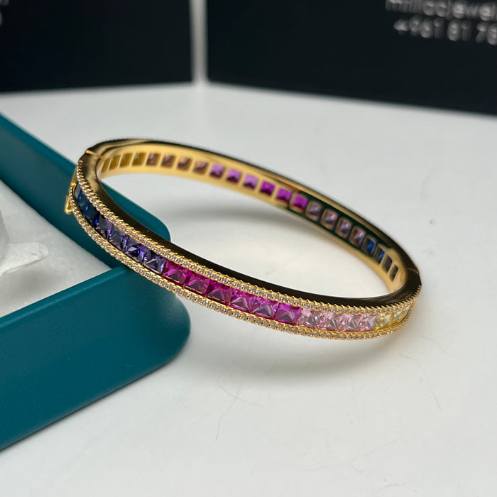 Rainbow Princess Cut Eternity Bangle – Luxury Multicolor Zircon - Gold-Silver Finish - 16CM