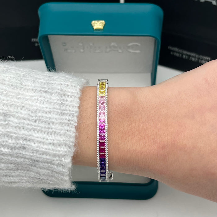 Rainbow Princess Cut Eternity Bangle – Luxury Multicolor Zircon - Gold-Silver Finish - 16CM