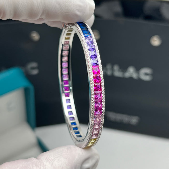 Rainbow Princess Cut Eternity Bangle – Luxury Multicolor Zircon - Gold-Silver Finish - 16CM