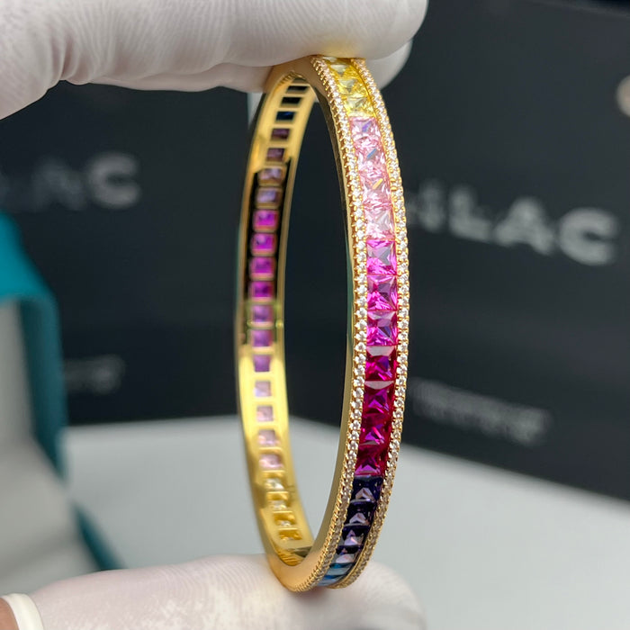 Aurora Rainbow Princess Cut Eternity Gold Bangle – Multicolor Zircon - 18CM