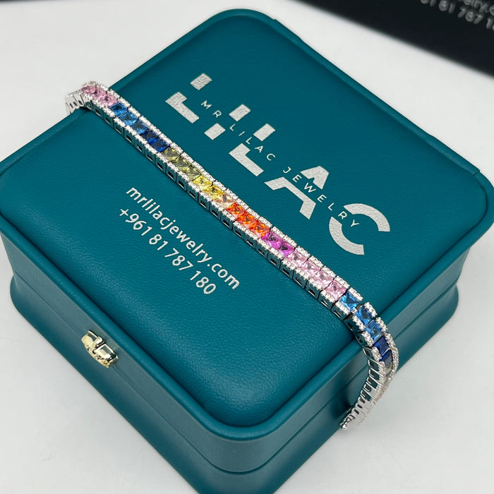 Rainbow Princess-Cut Tennis Bracelet – 16cm