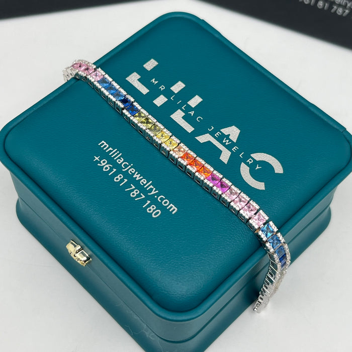Rainbow Princess-Cut Tennis Bracelet – Silver-Gold Edition – 18cm