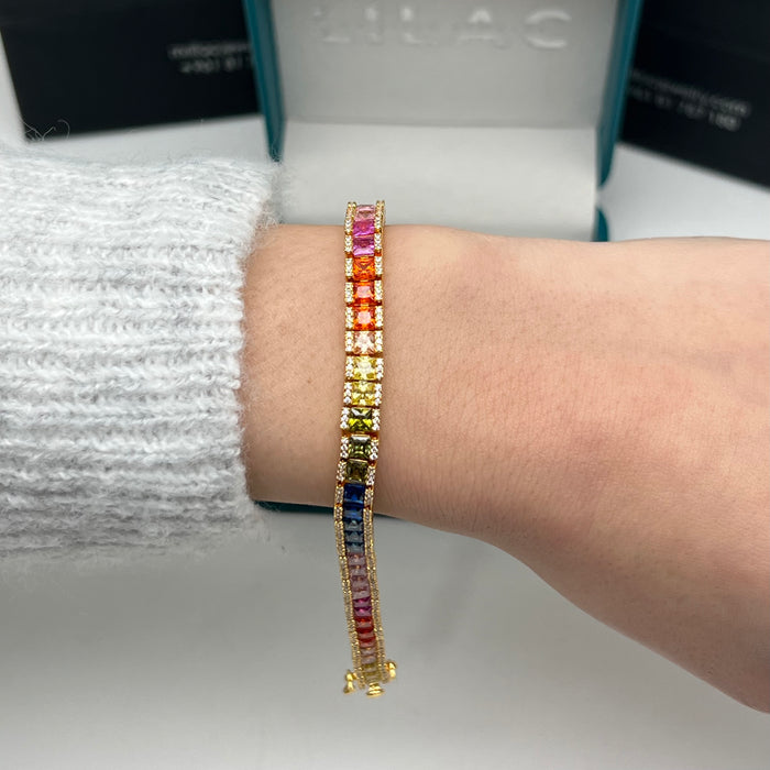 Rainbow Princess-Cut Tennis Bracelet – Silver-Gold Edition – 18cm