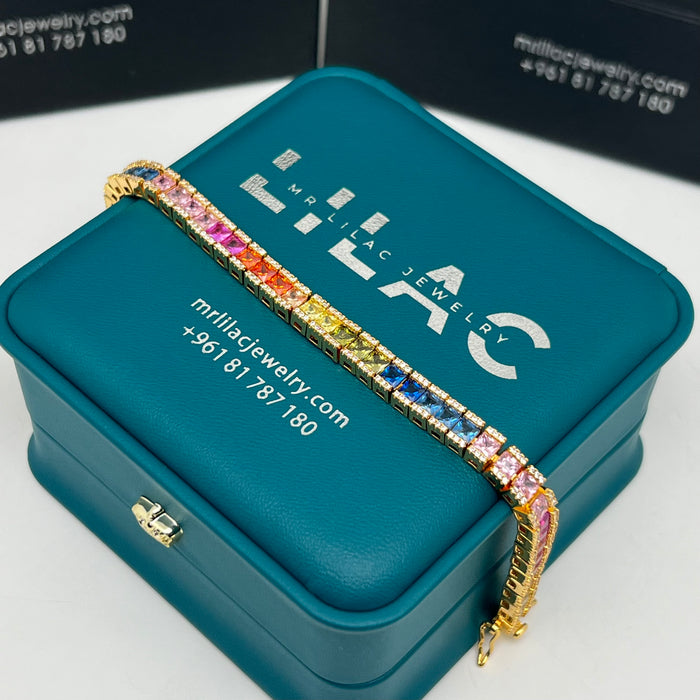 Rainbow Princess-Cut Tennis Bracelet – Silver-Gold Edition – 18cm