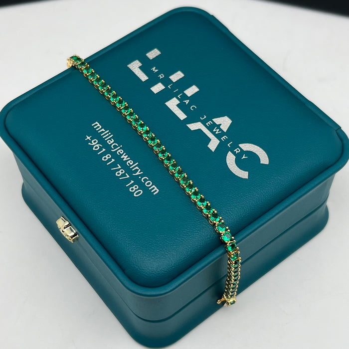 Emerald Green Round-Cut Tennis Bracelet – Gold-Silver Edition – 18cm