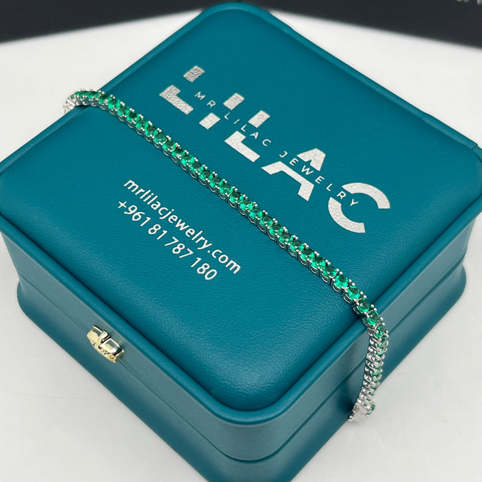 Emerald Green Round-Cut Tennis Bracelet – Gold-Silver Edition – 18cm