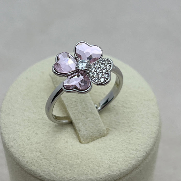 Swarovski Crystal Clover Heart Ring – Adjustable Silver Tone