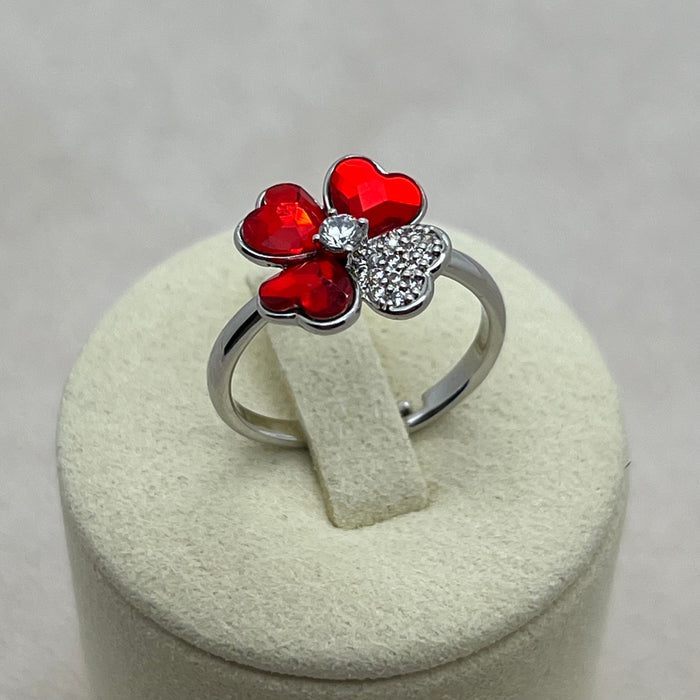 Swarovski Crystal Clover Heart Ring – Adjustable Silver Tone