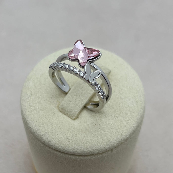 Swarovski Crystal Star Flower Ring with Butterfly Detail – Pink & Ocean Blue