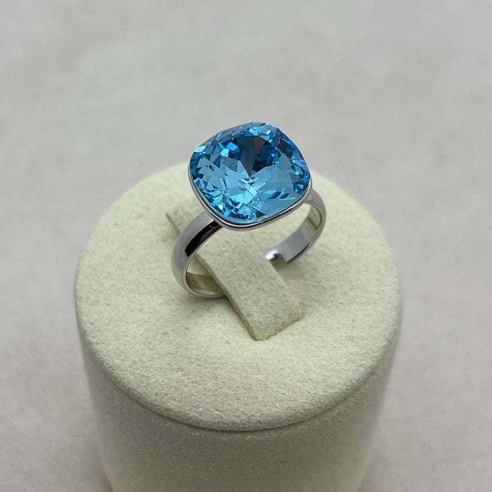 Ocean Blue Cushion Crystal Ring – Adjustable Silver Tone