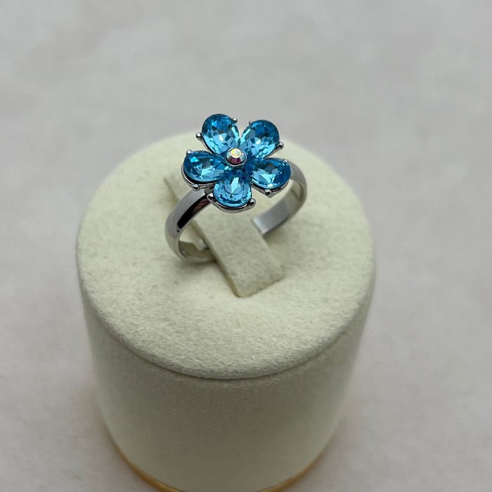 Swarovski Crystal Flower Ring – Adjustable Silver Tone