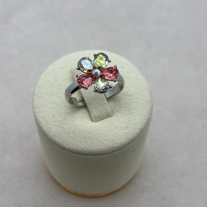 Swarovski Crystal Flower Ring – Adjustable Silver Tone