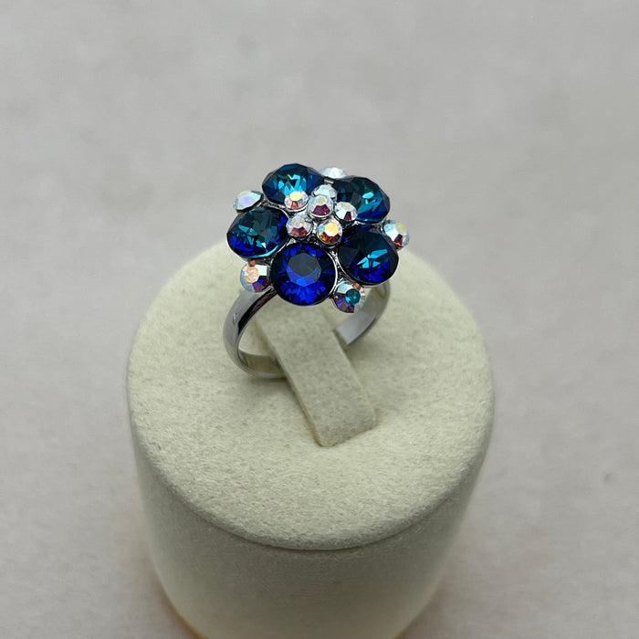 Blue Crystal Cluster Ring – Adjustable Silver Tone Statement Ring