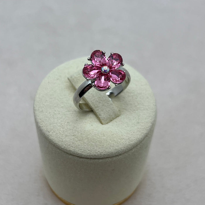 Swarovski Crystal Flower Ring – Adjustable Silver Tone