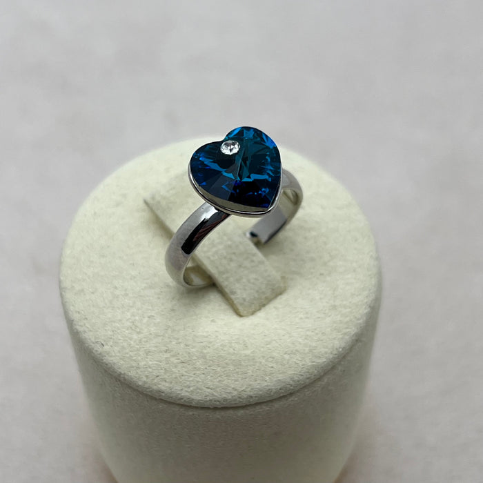 Royal Blue Heart Crystal Ring – Adjustable Silver Tone