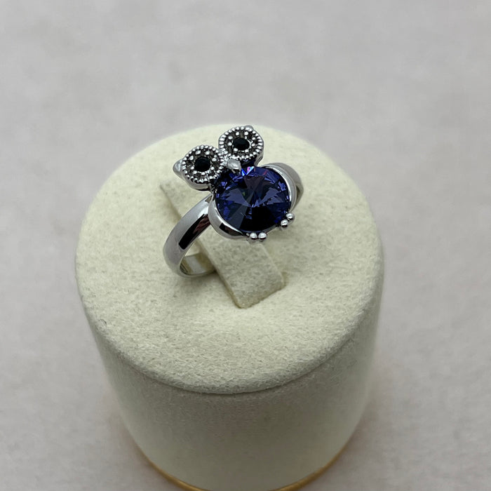 Blue Crystal Flower Adjustable Ring – Silver Tone