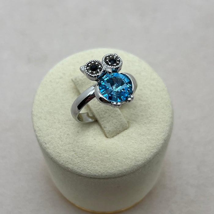 Blue Crystal Flower Adjustable Ring – Silver Tone