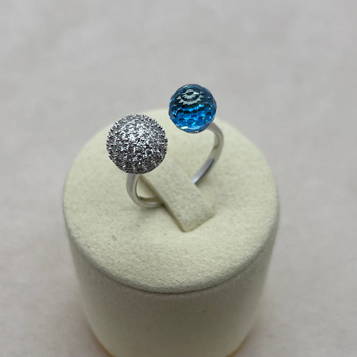 Dual Sparkle Sphere Ring – Blue Crystal & Pavé Ball Adjustable Silver Tone