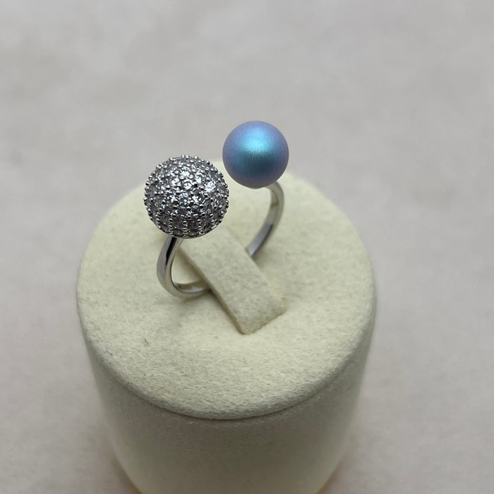 Dual Sparkle Sphere Ring – Blue Crystal & Pavé Ball Adjustable Silver Tone