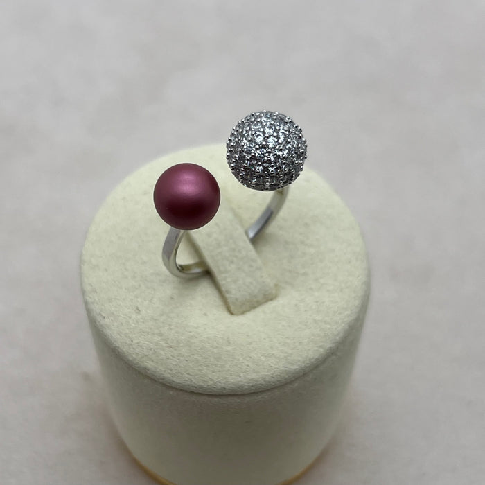 Dual Sparkle Sphere Ring – Blue Crystal & Pavé Ball Adjustable Silver Tone