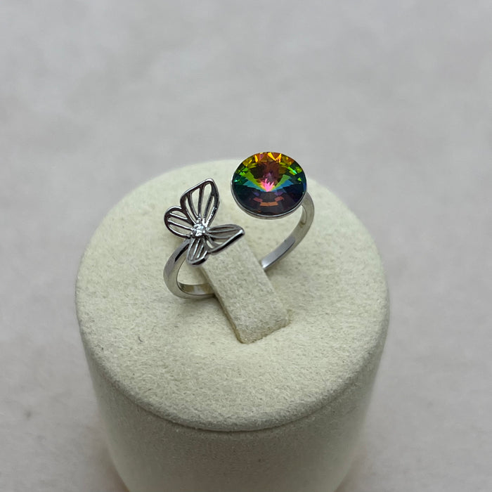 Butterfly & Rainbow Crystal Open Ring – Luxury Silver Tone Adjustable Ring
