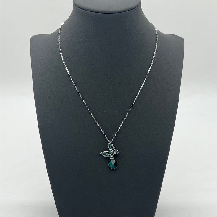 Butterfly Crystal Drop Pendant Necklace – Elegant Green & Pink Zircon