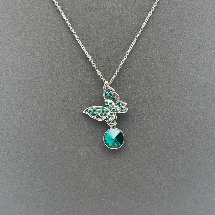 Butterfly Crystal Drop Pendant Necklace – Elegant Green & Pink Zircon
