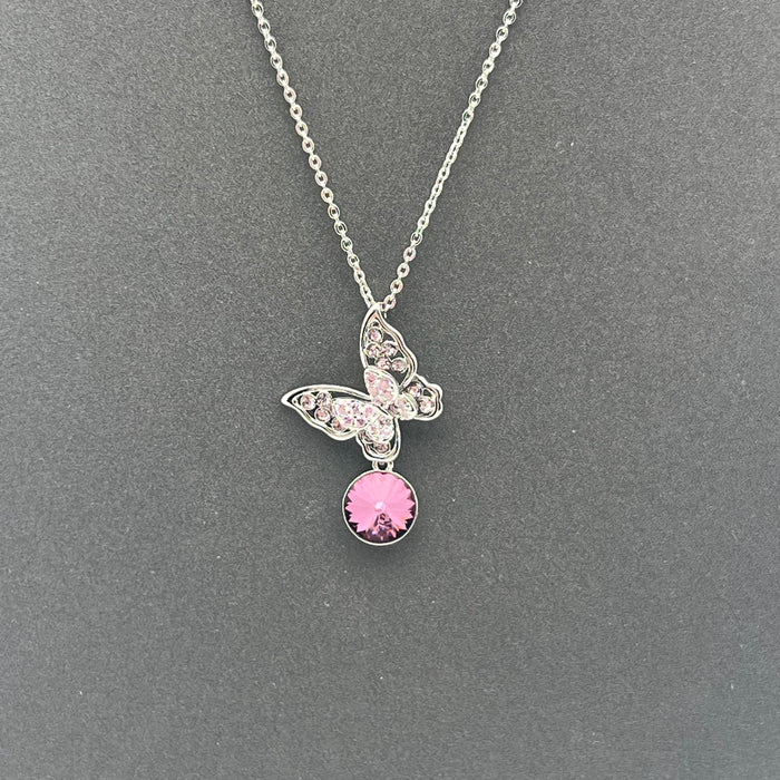 Butterfly Crystal Drop Pendant Necklace – Elegant Green & Pink Zircon