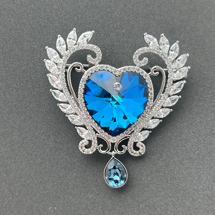 Swarovski Crystal Heart Brooch – Aurora Borealis Blue Luxury Pin